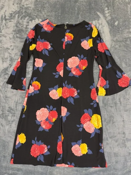 Tommy Hilfiger Womens Dress Size 10 Floral Print Black Multicolor 3/4 Bell - Picture 2 of 12